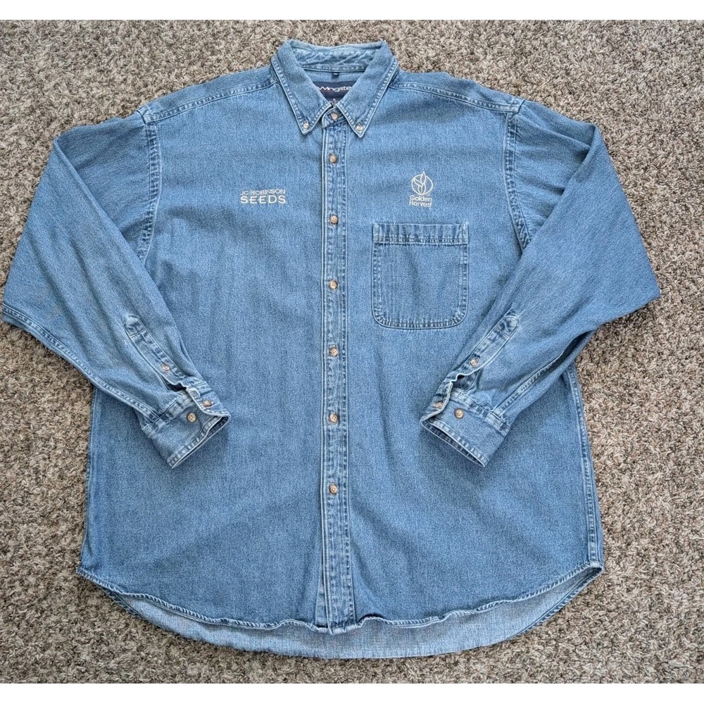 Swingster Mens Blue Denim Golden Harvest Farming Agriculture Sz XL Shirt Vintage